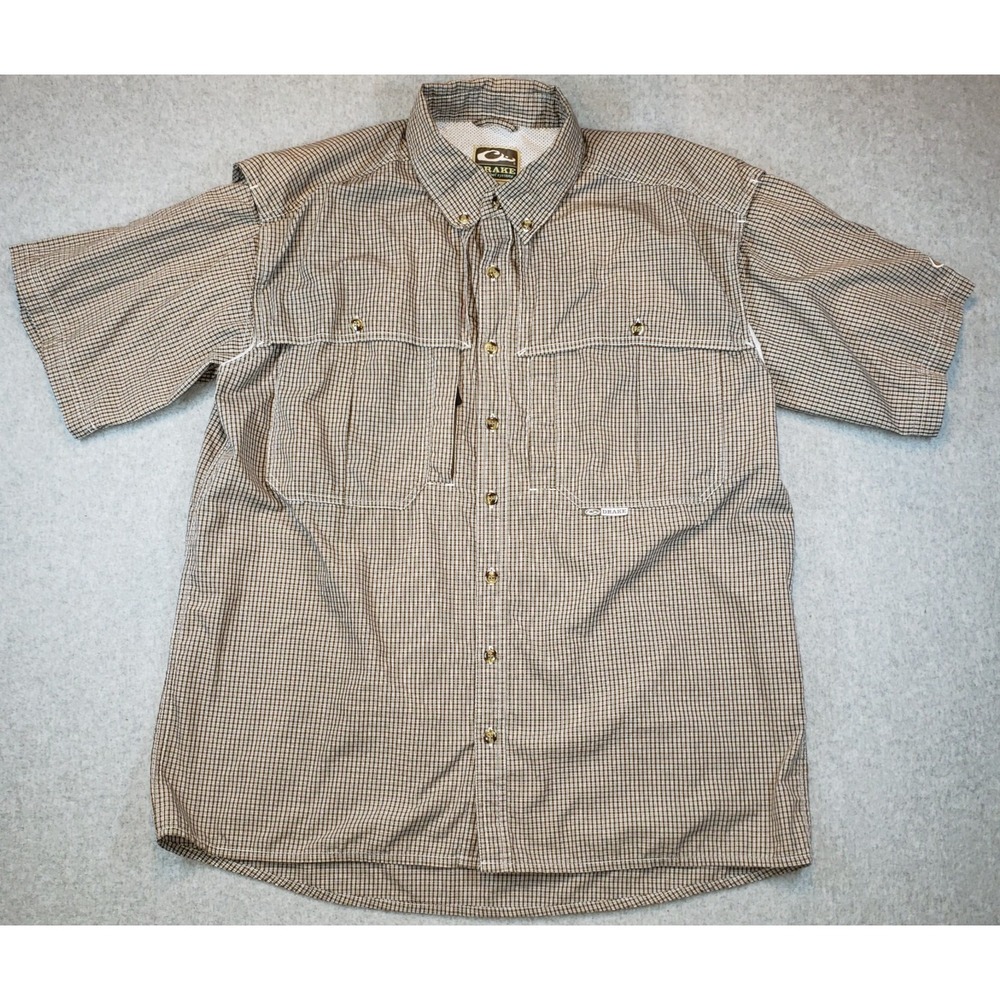 Drake Waterfowl Button Up Shirt Mens Brown Plaid Size M‎ Vented Short Sleeves